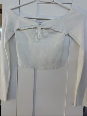 La Hearts Cream Off-Shoulder Tie Front Ribbed Crop Top